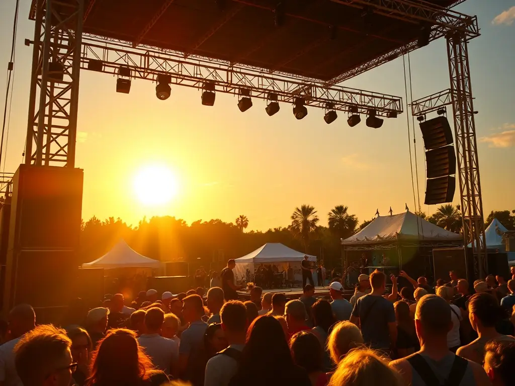 A vibrant outdoor festival scene with a band performing on stage, showcasing TCHOCK' EVENTS SONORISATION's sound equipment in action.