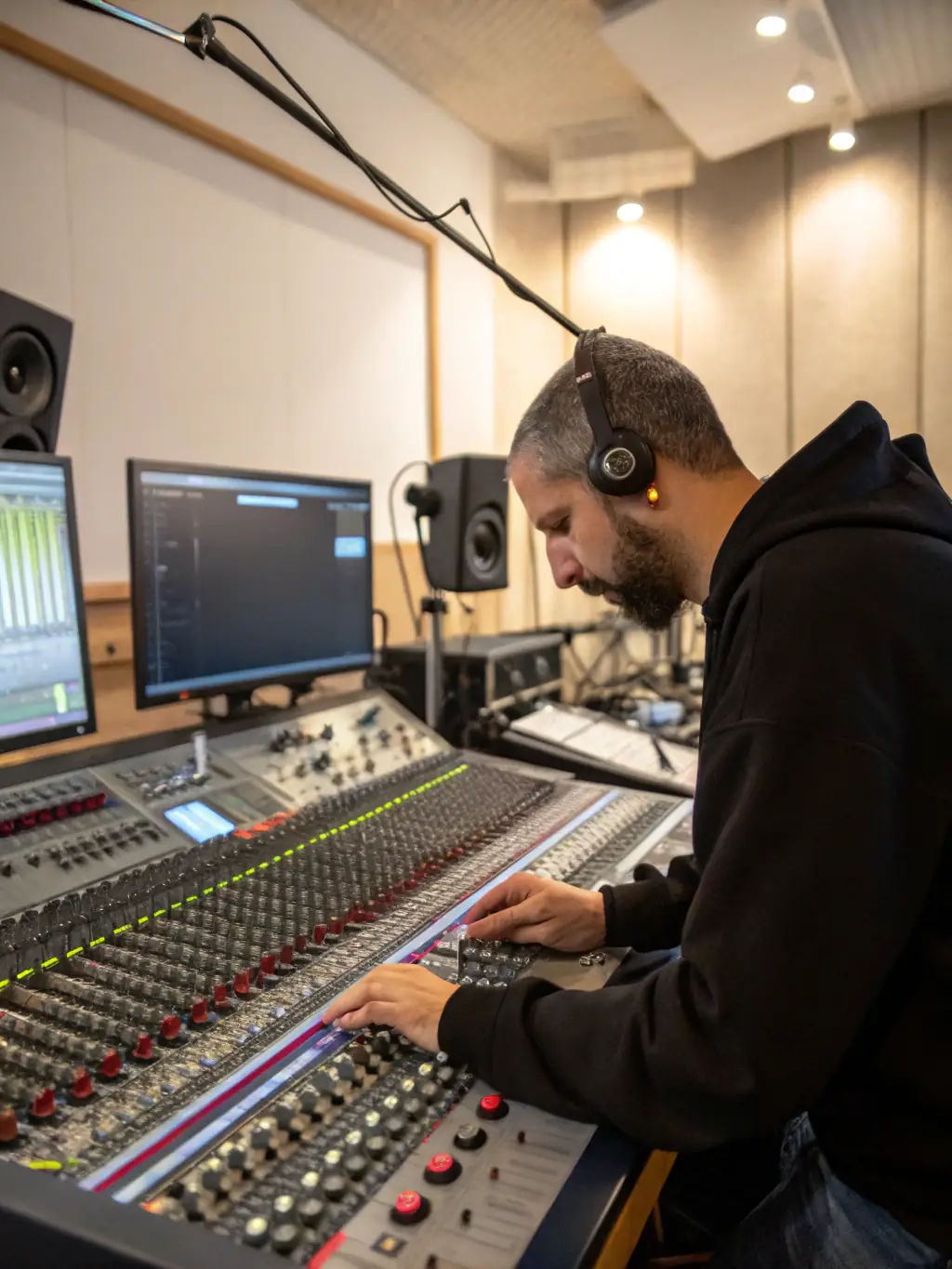 A technical support team member adjusting audio settings during an event, demonstrating the expertise and dedication to ensuring seamless sound management.
