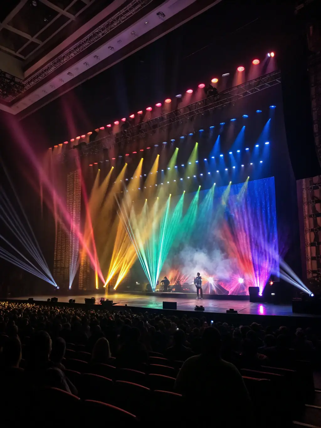 A well-lit concert stage with high-quality speakers and audio equipment, capturing the energy of a live performance and the technical precision behind it.