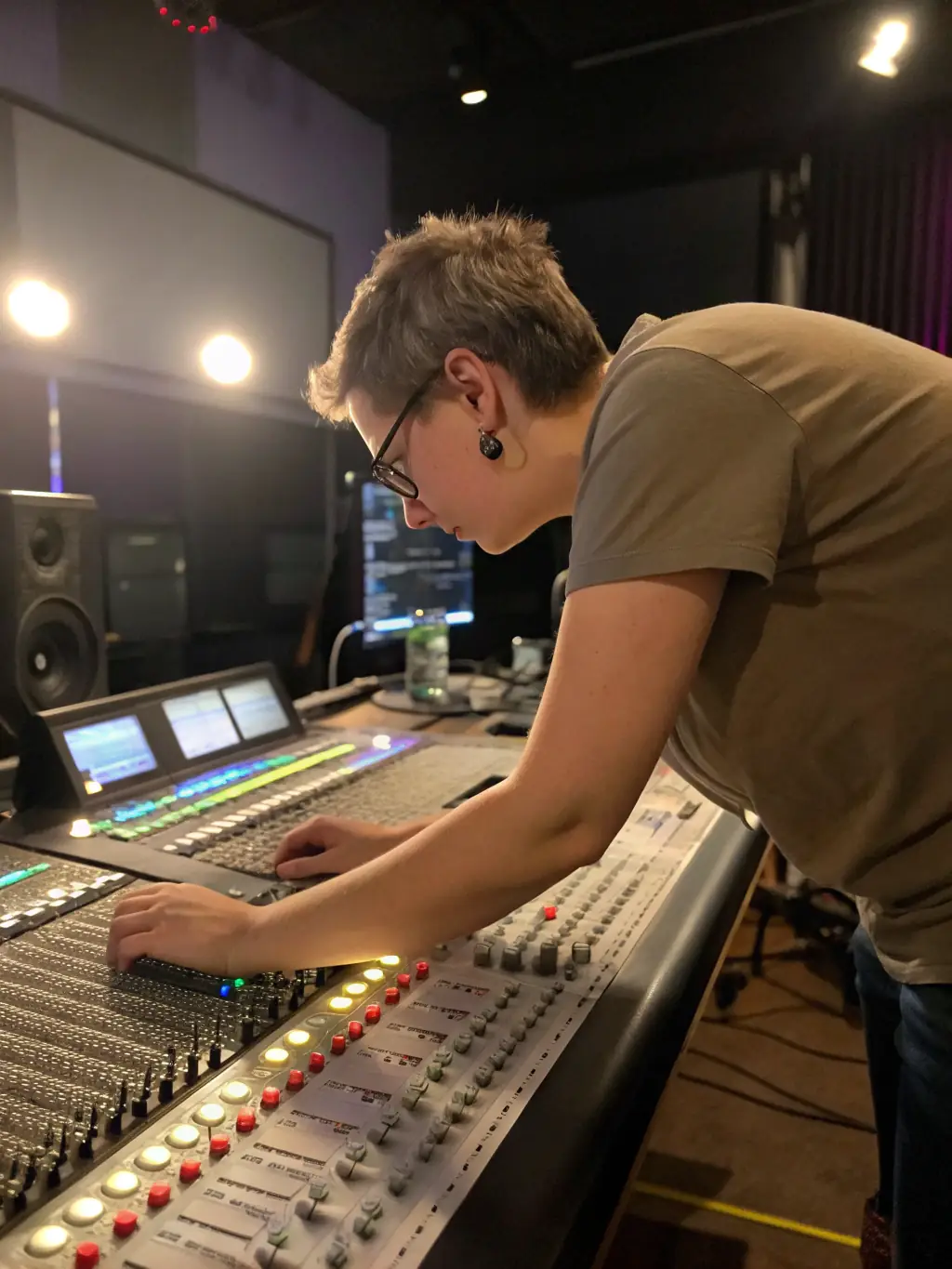 A sound engineer working diligently at the mixing console during a live event, showcasing the expertise and dedication to delivering exceptional sound experiences.