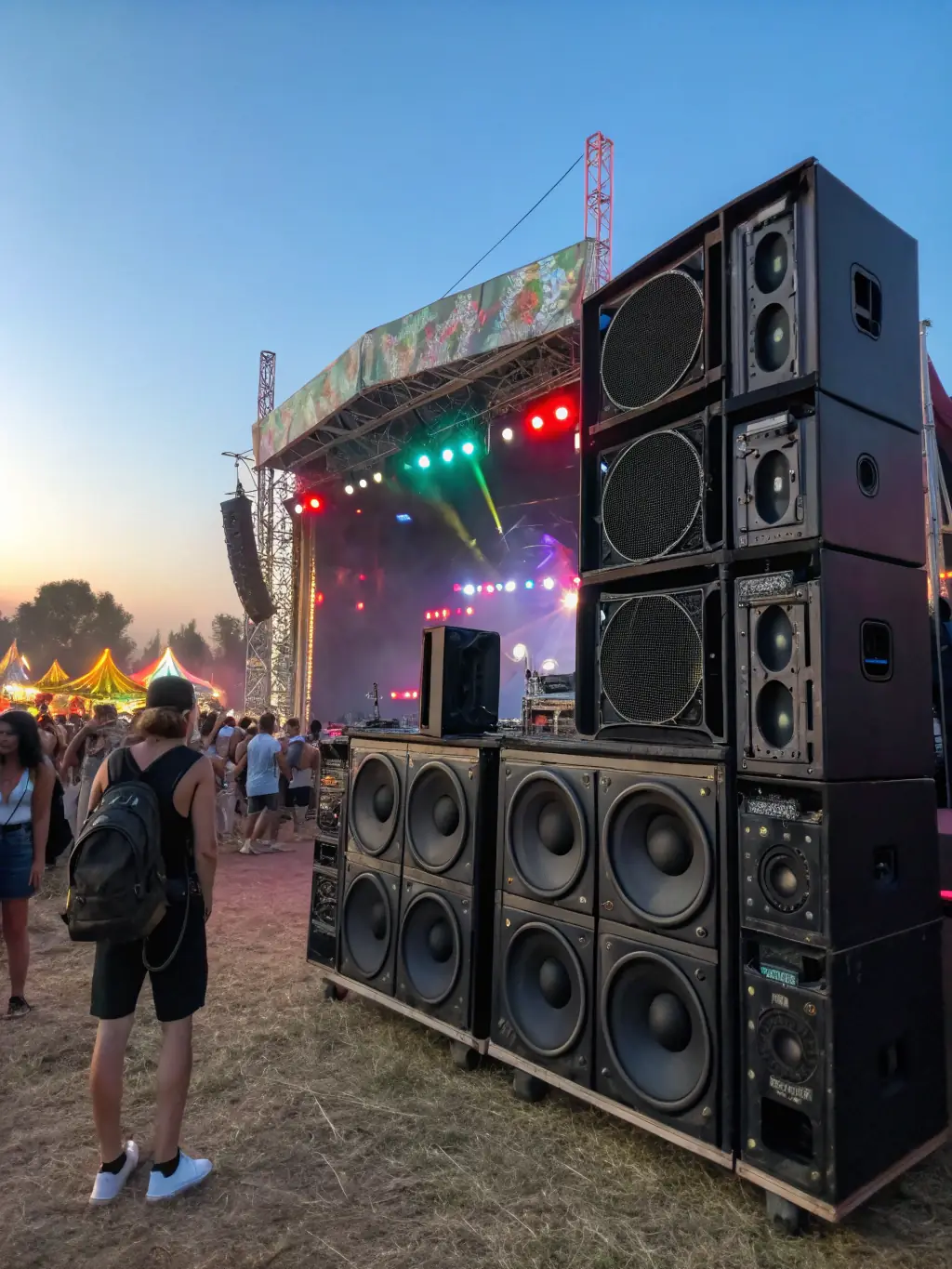 A vibrant image showcasing a sound system setup at a local music festival, highlighting TCHOCK' EVENTS SONORISATION's involvement in supporting local artists.