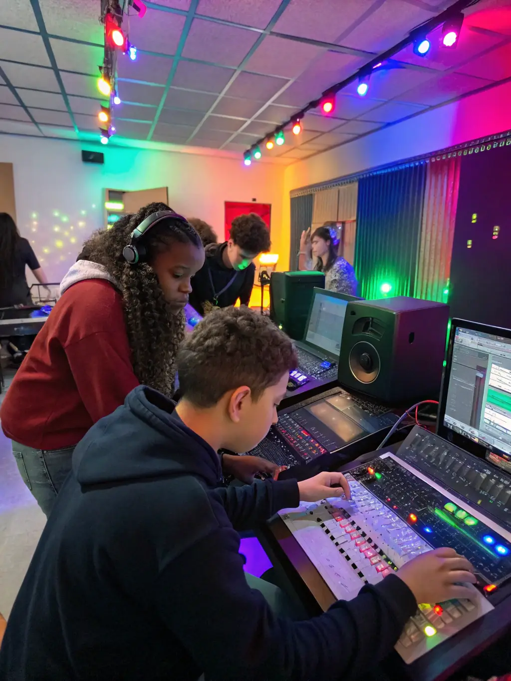 An image of a workshop where TCHOCK' EVENTS SONORISATION is teaching sound engineering skills to young people.