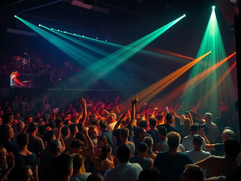 A dynamic image of a local music festival, showcasing a diverse crowd enjoying the performance with TCHOCK' EVENTS SONORISATION's sound equipment prominently displayed.