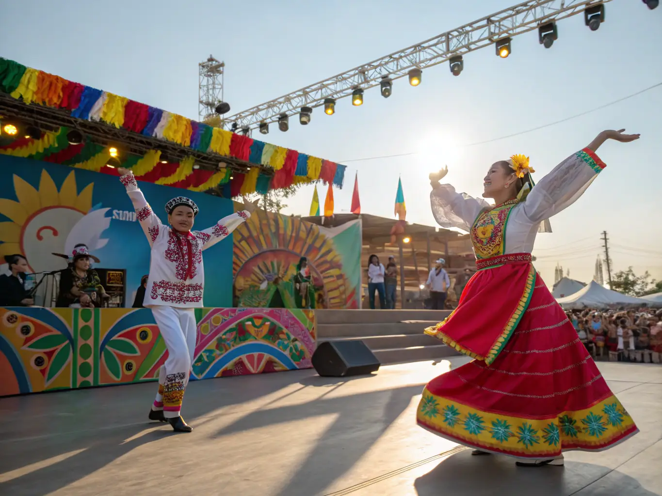 A photograph of a cultural event supported by TCHOCK' EVENTS SONORISATION, showcasing diverse performers and a large, engaged audience enjoying the high-quality sound.