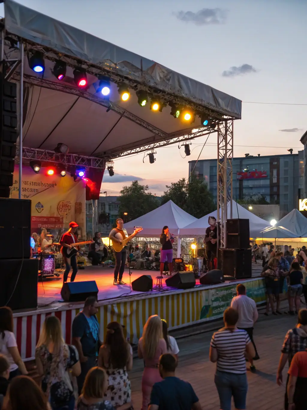 A vibrant outdoor music festival scene with a professional sound system setup, showcasing a live band performing on stage and a diverse crowd enjoying the music.