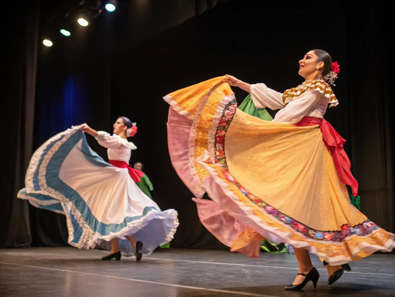 A photograph capturing a vibrant cultural event, with traditional dancers on stage and TCHOCK' EVENTS SONORISATION's sound setup ensuring clear audio for the performances.