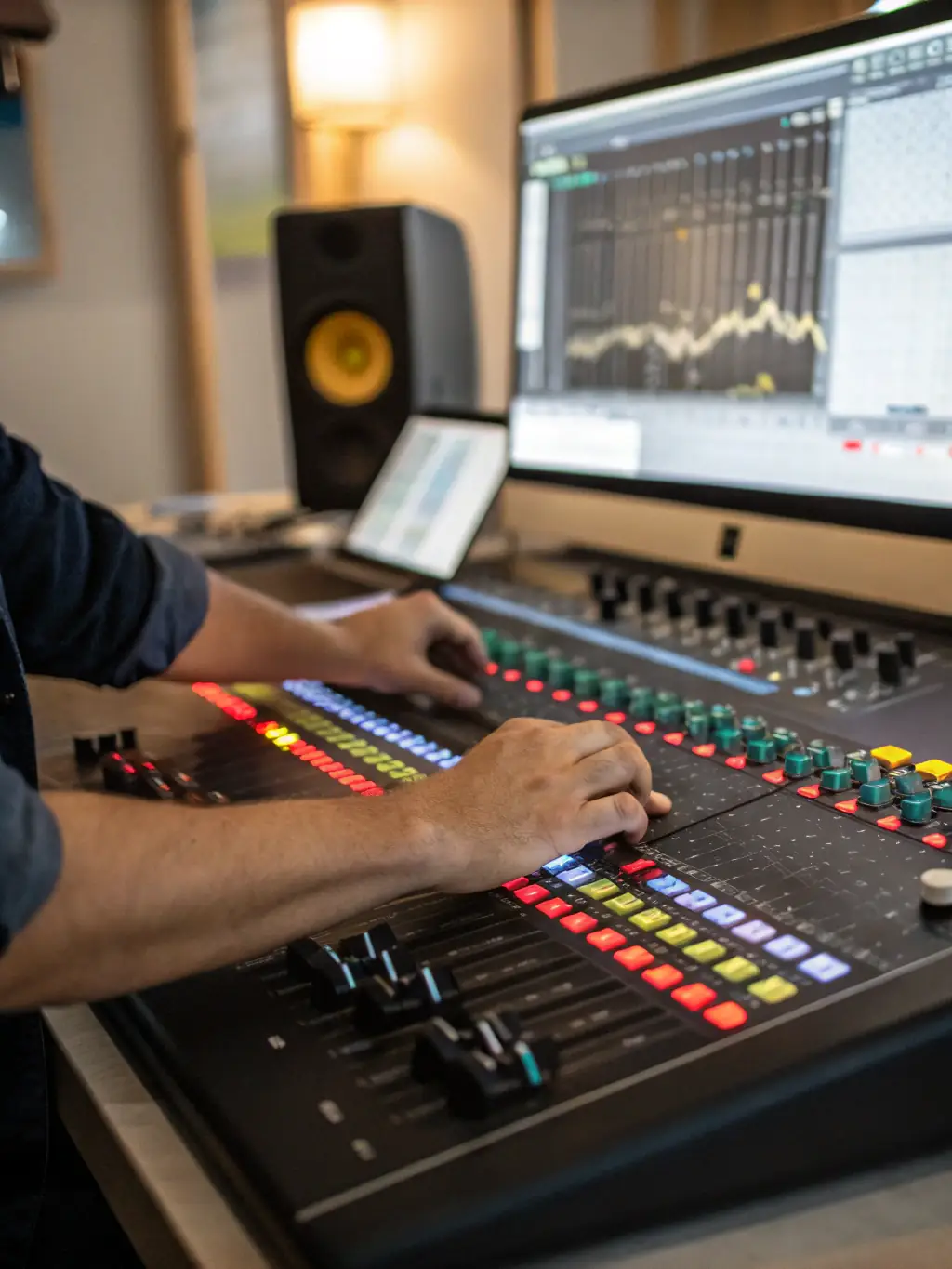 A close-up shot of high-quality sound equipment being set up by a technician at an outdoor event, emphasizing the precision and care taken in ensuring optimal sound quality.