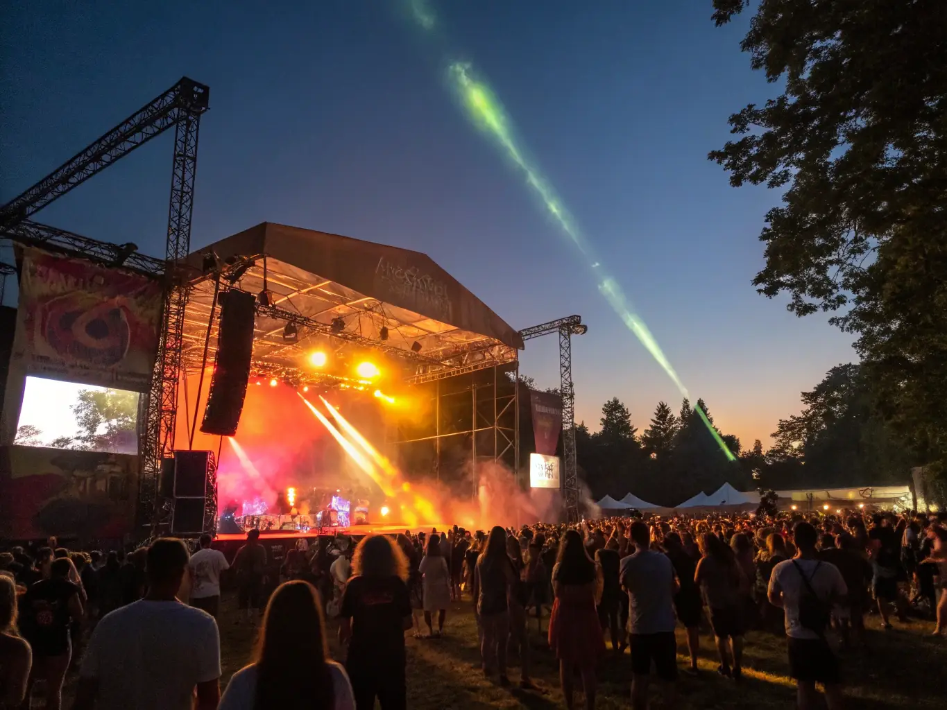 A vibrant outdoor community festival scene with TCHOCK' EVENTS SONORISATION's sound equipment prominently displayed, ensuring clear audio for the performers and attendees.
