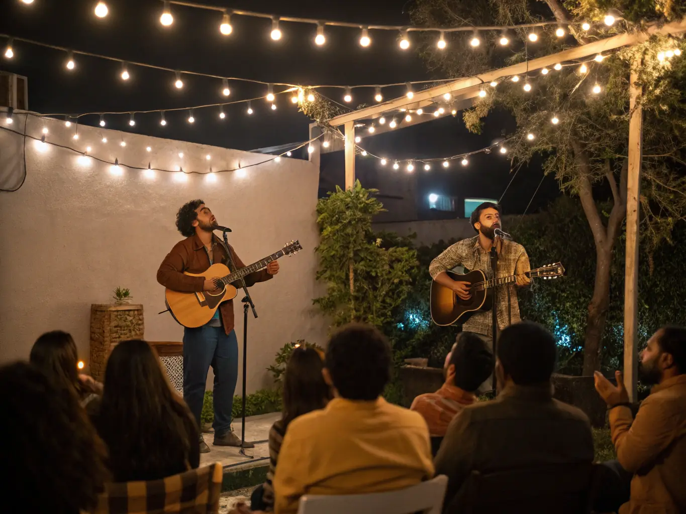 A photograph of local artists performing on stage at a community event, emphasizing TCHOCK' EVENTS SONORISATION's commitment to supporting local talent.