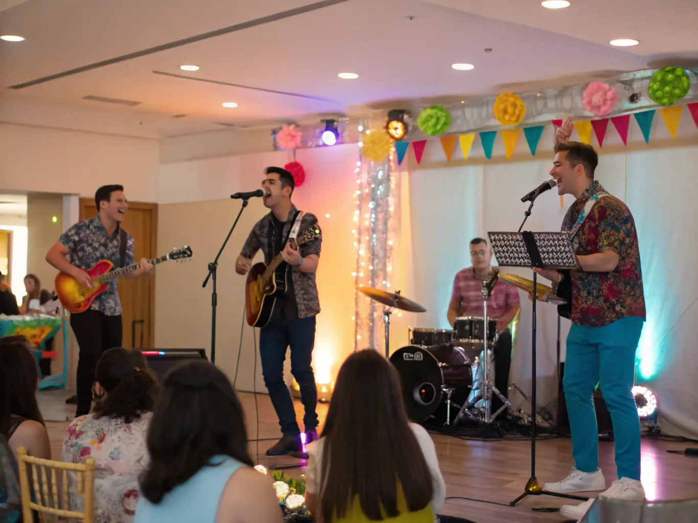 A group of local artists performing on a well-lit stage with clear sound, highlighting TCHOCK' EVENTS SONORISATION's support for local talent.