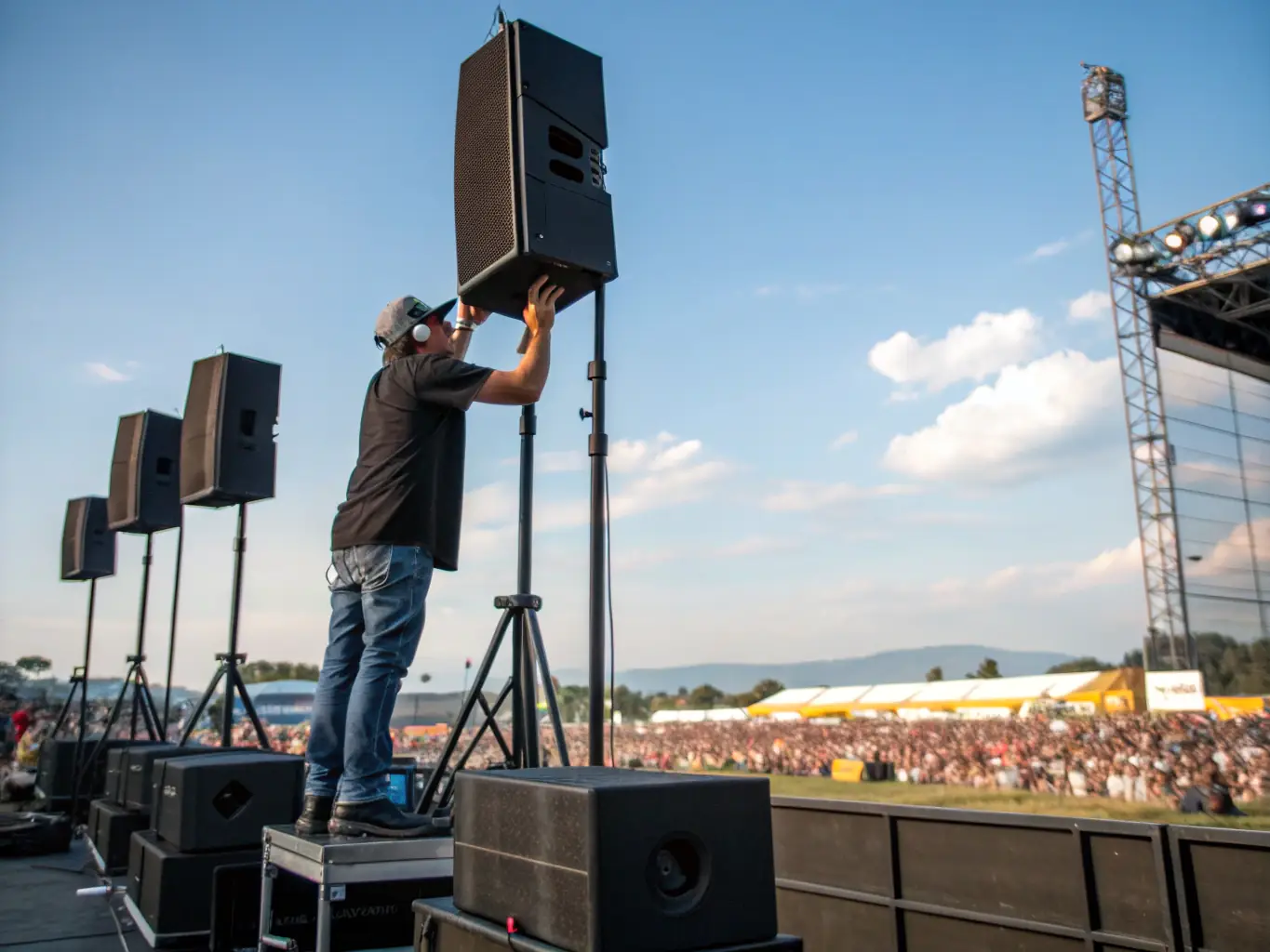 A photograph capturing a sound engineer setting up equipment at a local music festival, showcasing the technical expertise provided by TCHOCK' EVENTS SONORISATION.