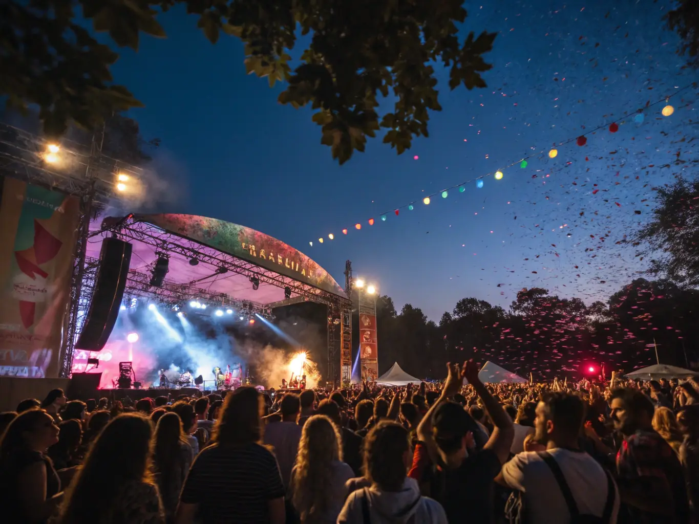 A vibrant outdoor festival scene with a diverse crowd enjoying live music, showcasing the community engagement fostered by TCHOCK' EVENTS SONORISATION's sound services.